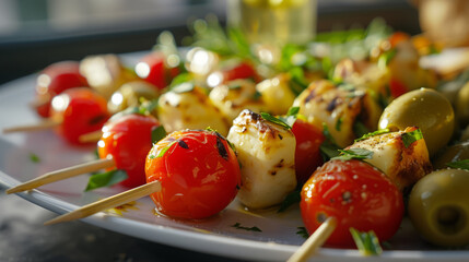 Skewers on cheese sticks cherry tomatoes on a plate