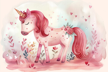 Watercolor illustration in pink tones of a fairytale pink unicorn