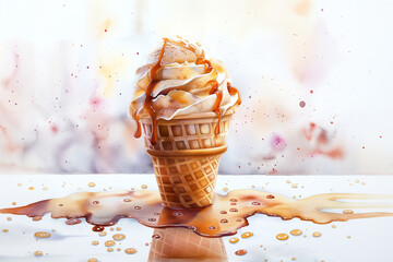 watercolor illustration of ice cream in a cone with caramel and chocolate
