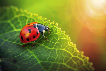 A ladybug is on a leaf