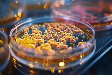 A close up of a petri dish with a yellowish substance in it