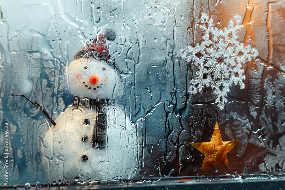 Poster a frosty window with a snowflake and a smiling snowman