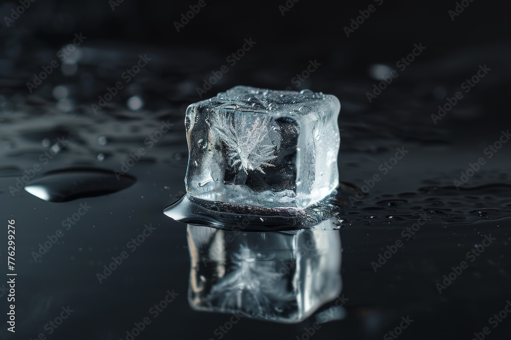 Poster a cube of ice is sitting on a wet surface