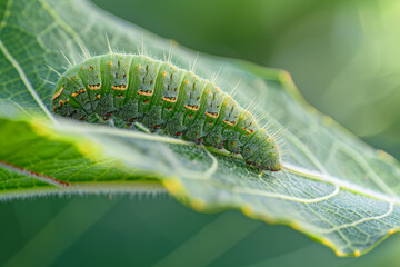 A green caterpillar is on a leaf