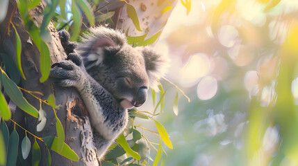 Fototapeta premium A koala nestled in a eucalyptus tree against a soft, blurred background, with ample copy space