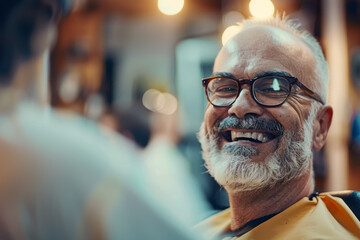 A man with glasses is smiling and sitting in a barber chair - obrazy, fototapety, plakaty