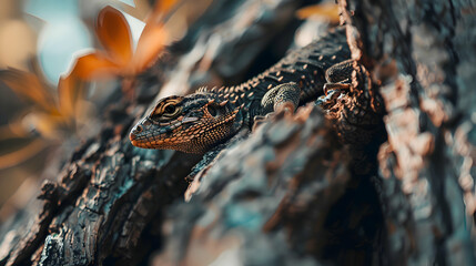 A lizard camouflaged amidst the intricate patterns of tree bark, its vivid hues contrasting subtly against a blurred background of earthy tones and foliage - Powered by Adobe