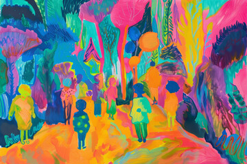 A painting of a group of people walking down a path with trees in the background
