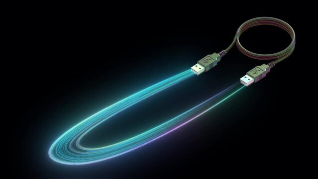 render of a glowing sign, A glowing fiber optic cable against dark background for usb cable ads