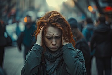 A woman with red hair is standing in a busy street, looking down