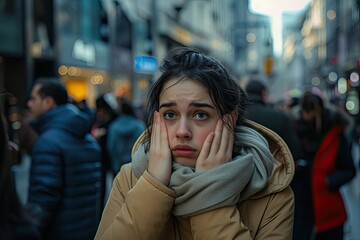 A woman is standing in a crowd of people, looking down and shaking her head