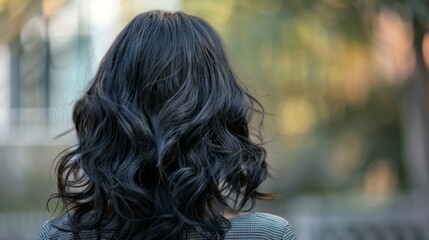 woman seen from behind with black, wavy hair, generative ai