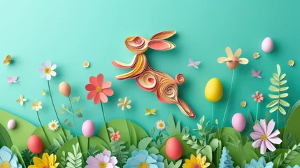 Fotobehang A white rabbit is leaping through a colorful field of blooming flowers and eggs, surrounded by lush green grass and vibrant petals, creating a beautiful and whimsical scene AIG42E © Summit Art Creations