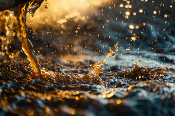 A splash of liquid in the ocean, with the water droplets reflecting the sun