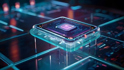 A pristine computer chip suspended in mid-air within a sterile laboratory environment, bathed in a soft, clinical light, with holographic projections of data swirling around it, suggesting innovation.