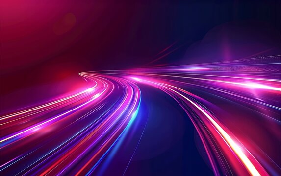 Abstract background with neon light streaks, glowing lines on dark purple and red colors