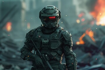 A futuristic soldier in combat gear stands amidst a dystopian battlefield - obrazy, fototapety, plakaty