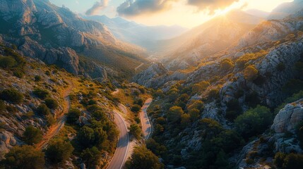 Aerial View of Winding Road in Mountains - obrazy, fototapety, plakaty