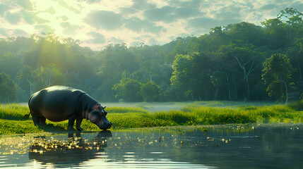 A lush green landscape with a hippopotamus grazing peacefully in the foreground, offering a perfect backdrop for your message against nature's beauty
