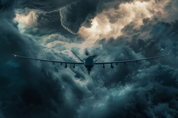 A jet plane is flying through a stormy sky - obrazy, fototapety, plakaty