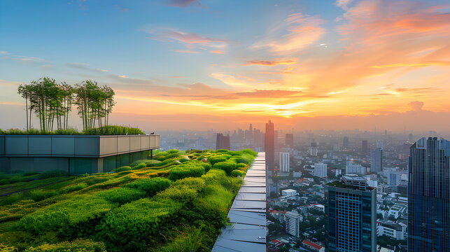 A refreshing urban scene featuring a rooftop garden with lush greenery against the backdrop of a city skyline during sunrise.