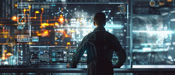 Focused engineer operating a sophisticated digital interface in an industrial manufacturing plant.