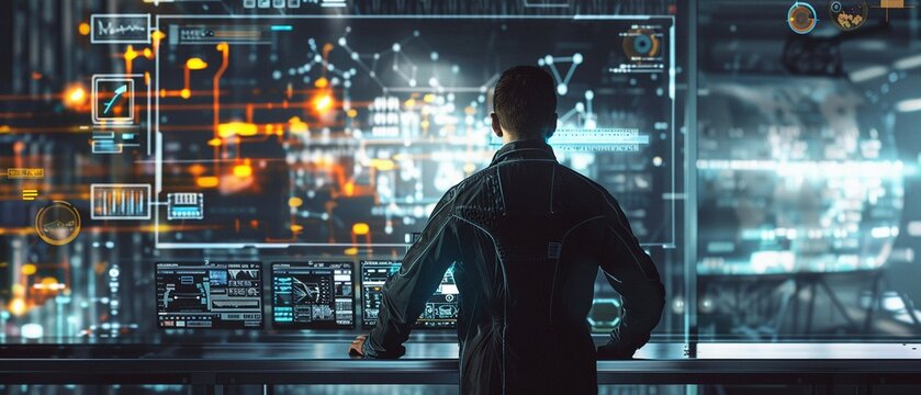 Focused engineer operating a sophisticated digital interface in an industrial manufacturing plant.