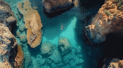 Aerial View of Man Swimming in Ocean