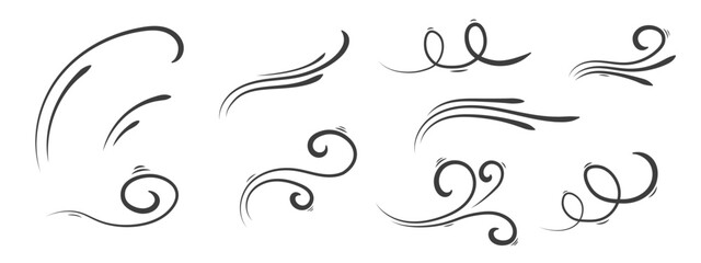 A set of hand drawings of wind lines. Sketches of airflow, swirling elements. Abstract linear movement of air masses, smoke. Vector illustration.