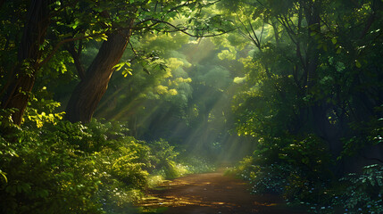 A mystical forest path is bathed in sunlight, as rays filter through the dense foliage, creating a serene and enchanting atmosphere.