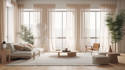 Fototapeta na wymiar A Japandi style living room combines elements of Japanese minimalism with Scandinavian design principles, resulting in a harmonious and serene space. 