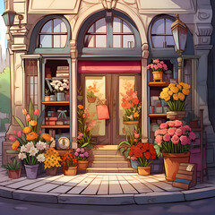 Fototapeta na wymiar Illustration of a flower shop with flowers in the front door.