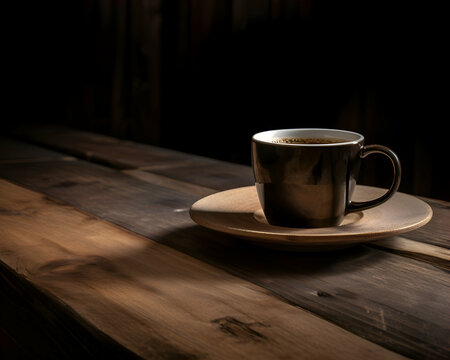 Coffee cup on wooden table in coffee shop. stock photo