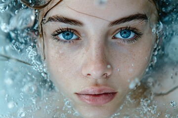 Lovely girl in blue water snow white skin, cold tender