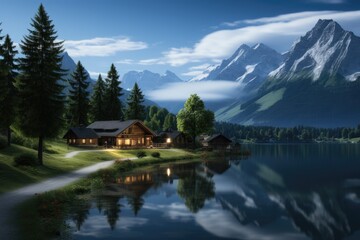 Fototapeta na wymiar Beautiful landscape lake and trees and mountains Generative AI