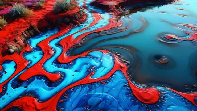 Colourful trippy landscape, rivers full of paint, vibrant paint splashes, flowers, surreal objects, mysterious art, Psychedelic
