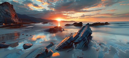 The sunset between the rocks on the beach - obrazy, fototapety, plakaty