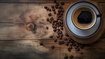 Cup of back coffee with beans on wooden table