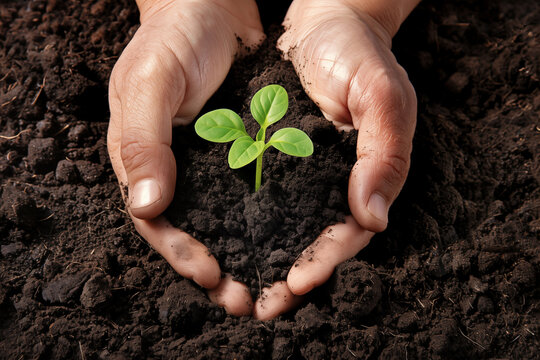 Une jeune plante verte et son terreau plac&eacute;s entre deux mains en signe de protection et de durabilit&eacute; sur un fond sombre
