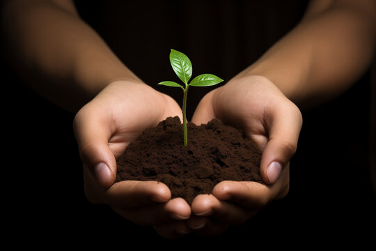Une jeune plante verte et son terreau plac&eacute;s entre deux mains en signe de protection et de durabilit&eacute; sur un fond sombre