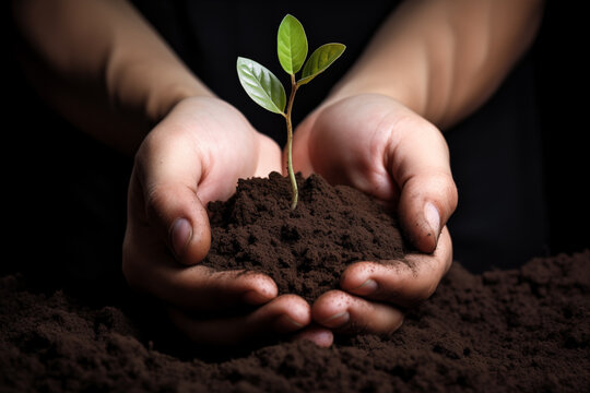 Une jeune plante verte et son terreau plac&eacute;s entre deux mains en signe de protection et de durabilit&eacute; sur un fond sombre