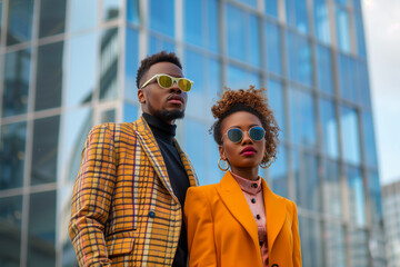African-American luxury fashionable couple in the city, copy space of two stylish models in branded clothes and sunglasses with a skyscraper behind them - Powered by Adobe