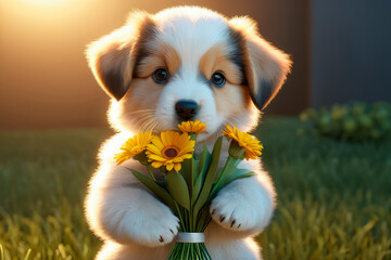 Cute touching puppy asks for forgiveness and gives flowers - obrazy, fototapety, plakaty