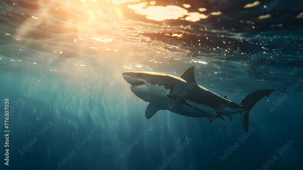 Wall mural a majestic great white shark gliding through crystal-clear waters, its powerful silhouette highlight