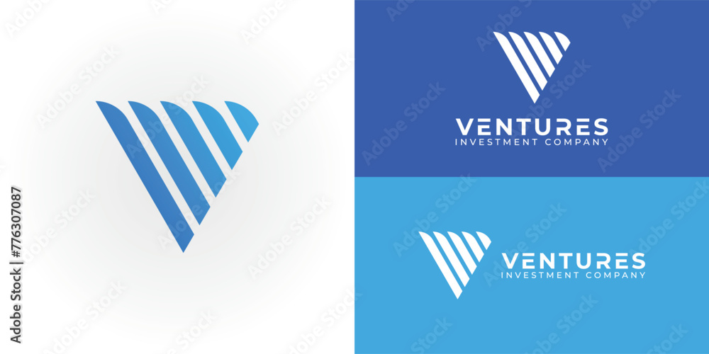 Aufkleber abstract initial triangle letter v or vv logo in blue color isolated on multiple background colors. 