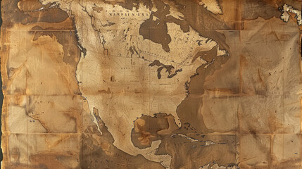 An aged map displays the weathered continents of North America in a vintage style. - obrazy, fototapety, plakaty