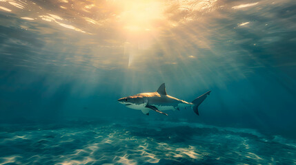 A majestic great white shark gliding through crystal-clear waters, its powerful silhouette...