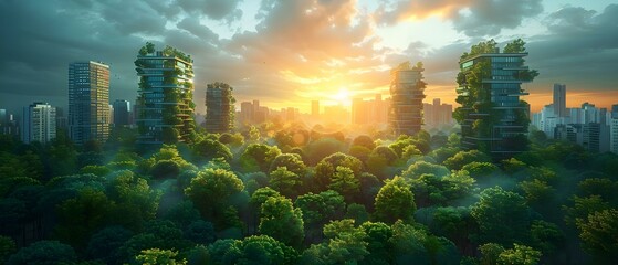 Ecocity of the Future: Green Skyscrapers, Parks, and Digital Art in an Urban Setting. Concept Sustainable Architecture, Urban Greenery, Modern Art, Eco-Friendly Structures, Urban Planning - obrazy, fototapety, plakaty