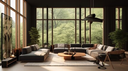 A Japandi style living room, interior close to nature, embraces natural elements to create a serene and harmonious space.