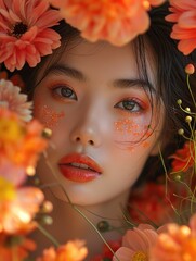 Asian woman with orange makeup is surrounded by flowers of spring. Concept of beauty and femininity, as the woman's makeup and the flowers complement each other